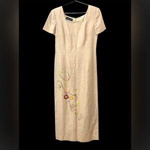 Chic embroidery embellished 100% linen sheath dress